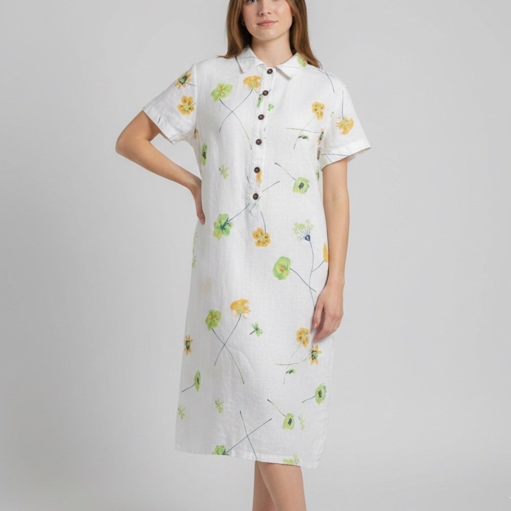 Kiko 100% Linen Floral Shirt Dress Midi Button Front White Green Yellow M